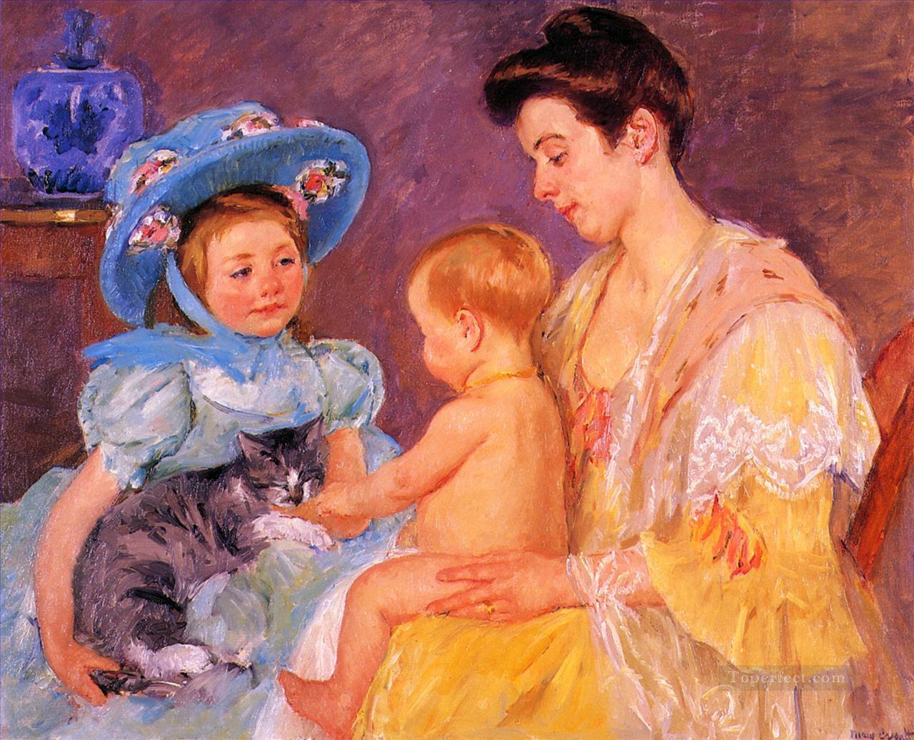 Children Playing with a Cat mothers children Mary Cassatt Oil Paintings